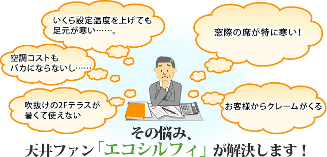 吹抜けの2Fテラスが暑くて使えない 空調コストもバカにならないし……。 いくら設定温度を上げても足元が寒い……。 窓際の席が特に寒い！ お客様からクレームがくる そのお悩み、天井ファン「エコシルフィ」が解決します！